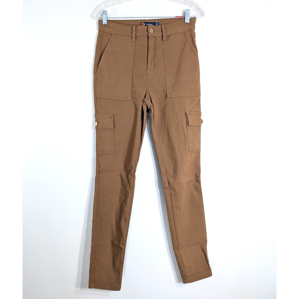 Indigo Poppy Brown Cargo Pants; High Rise Skinny Stretch Utility Trousers